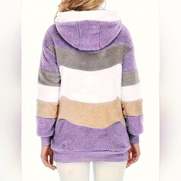 Furry Colorblock Hooded Oversized Jacket For Women, Autumn/Winter - Picture 3 of 5